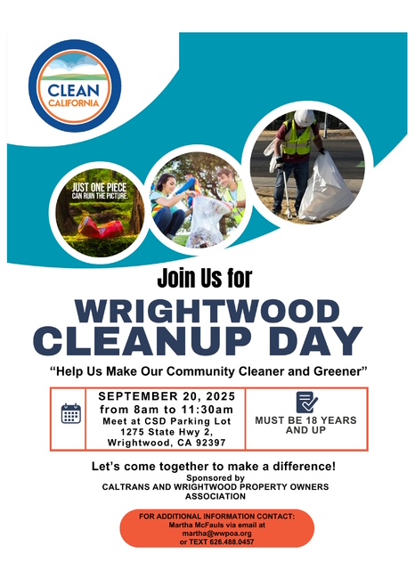 Flyer: Join us for Wrightwood Cleanup Day, sponsored by Caltrans and the Wrightwood Property Owners Association